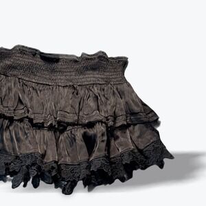 Muche et Muchette Black Silk Tiered Ruffle Lace Mini Skirt One Size Boho Goth OS